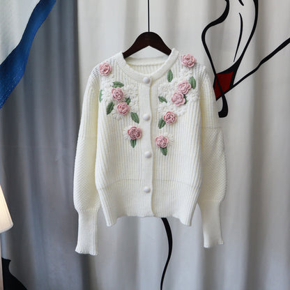 3D Knitting Rose Design Sweetly Knitted Overcoats