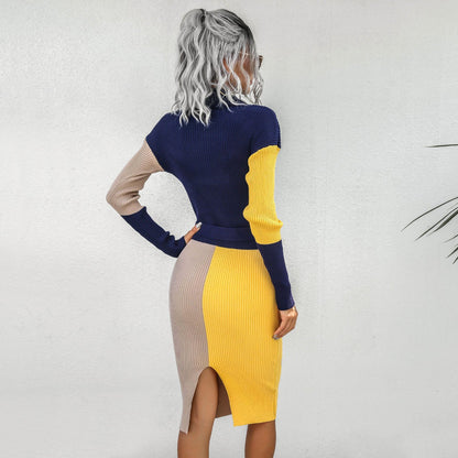 Sexy High Neck Contrast Color Knitting Fall Dresses