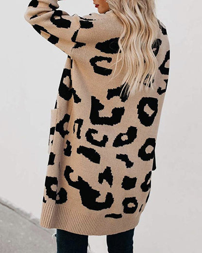 Women Leopard Design Pockets Knitting Cardigans