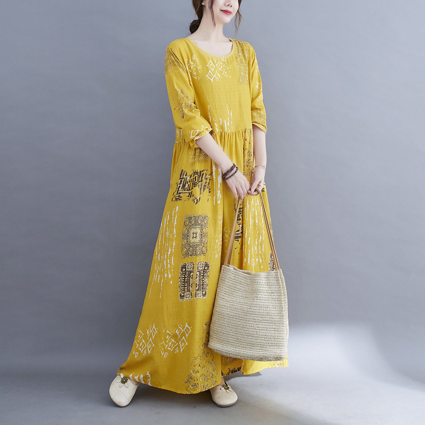 Women Yellow Plus Sizes Long Cozy Dresses