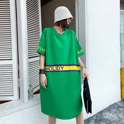 Women Summer Short Sleeves Letter T Shirt Dresses-STYLEGOING
