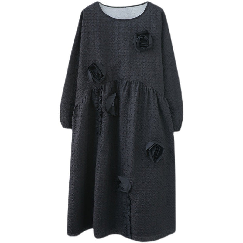 Vintage 3D Flower Black Long Cozy Dresses