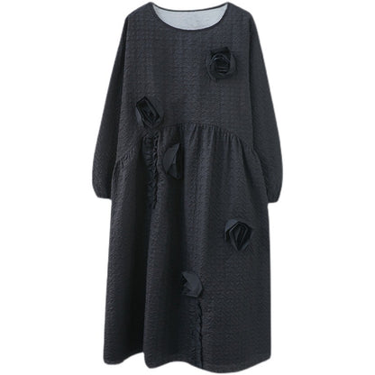 Vintage 3D Flower Black Long Cozy Dresses
