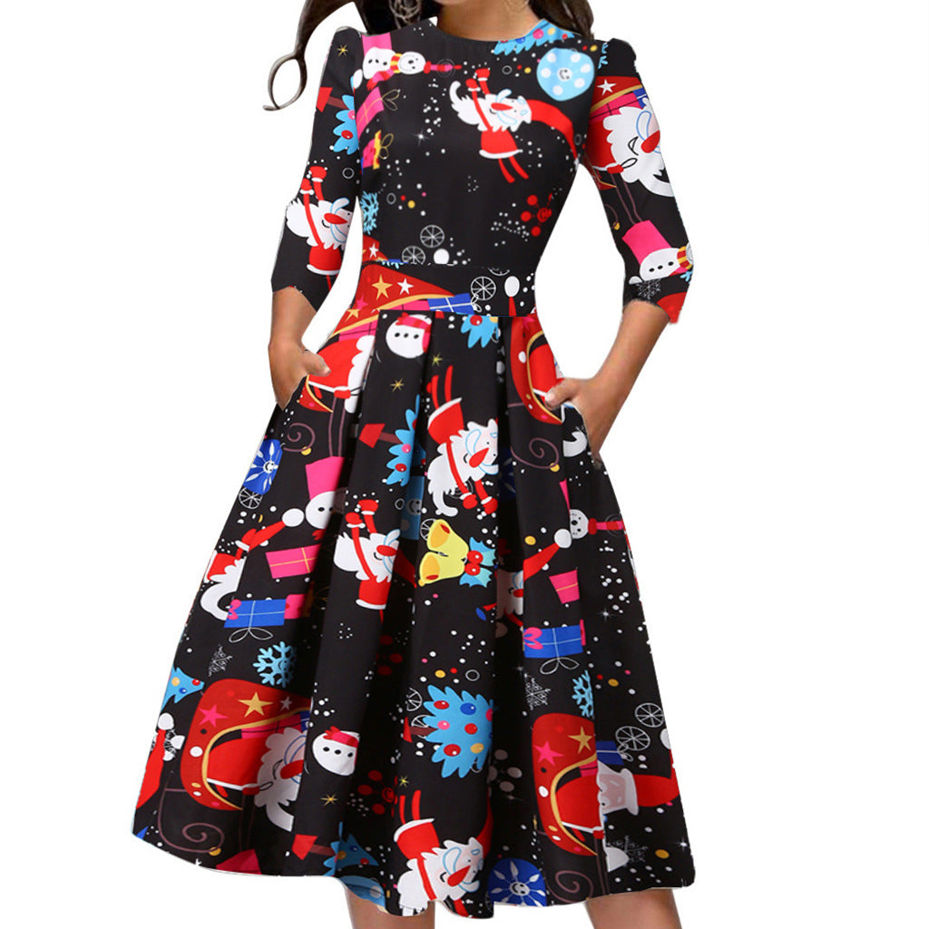 Merry Christmas Round Neck 3/4 Length Short Dresses