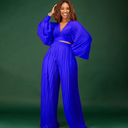 Sexy Women Two Pieces Long Sleeves Short Tops and Wide Legs Pants