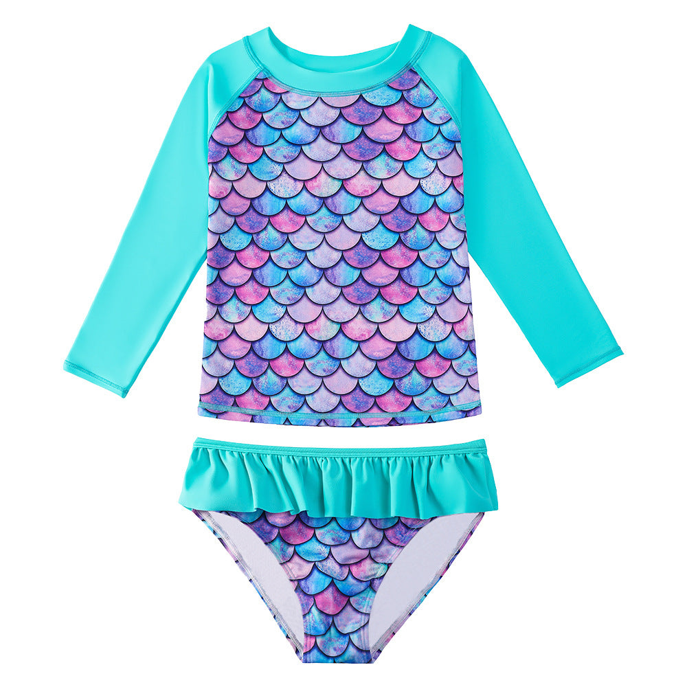 3D Fish Scale Design Two Pieces Swimsuits for Girls