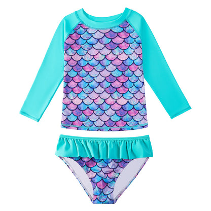 3D Fish Scale Design Two Pieces Swimsuits for Girls