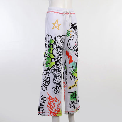 Casual Graffiti Print Wide Legs Pants for Women