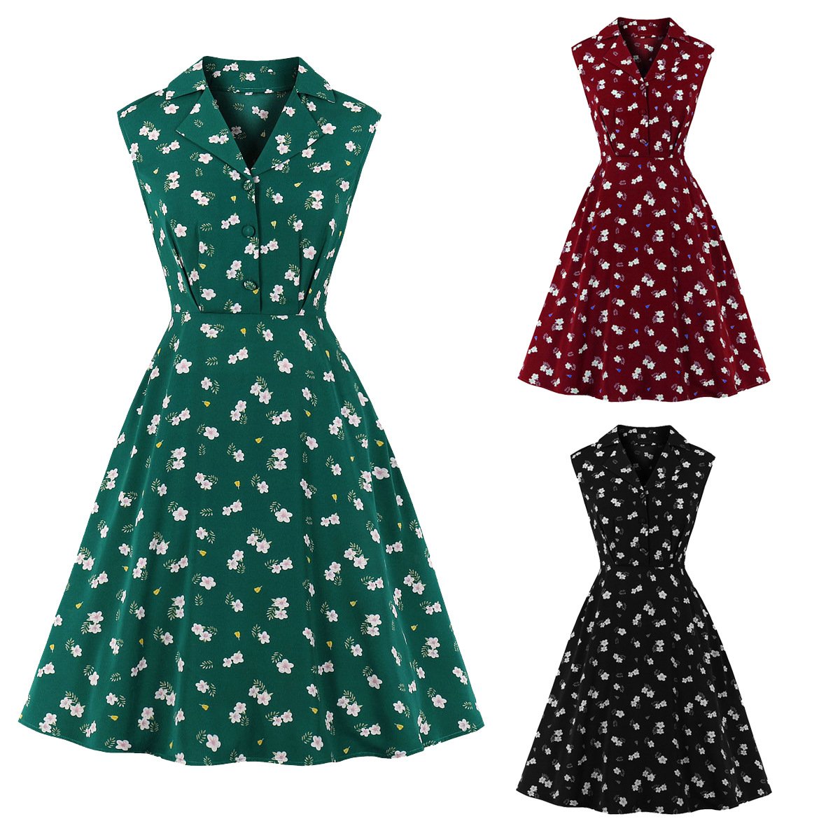 Women Turnover Colloar Floral Retro Dresses-STYLEGOING