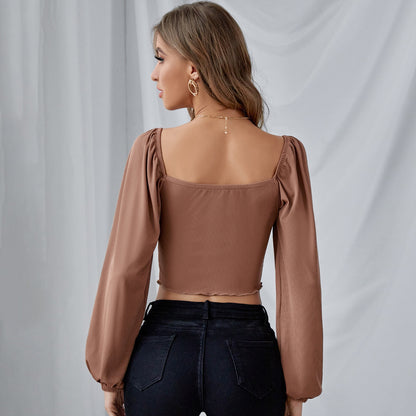 Sexy Midiriff Baring Strawing Long Sleeves Short Tops