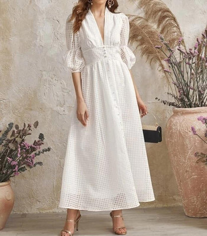 White Classy High Waist Plaid Long Dresses-STYLEGOING
