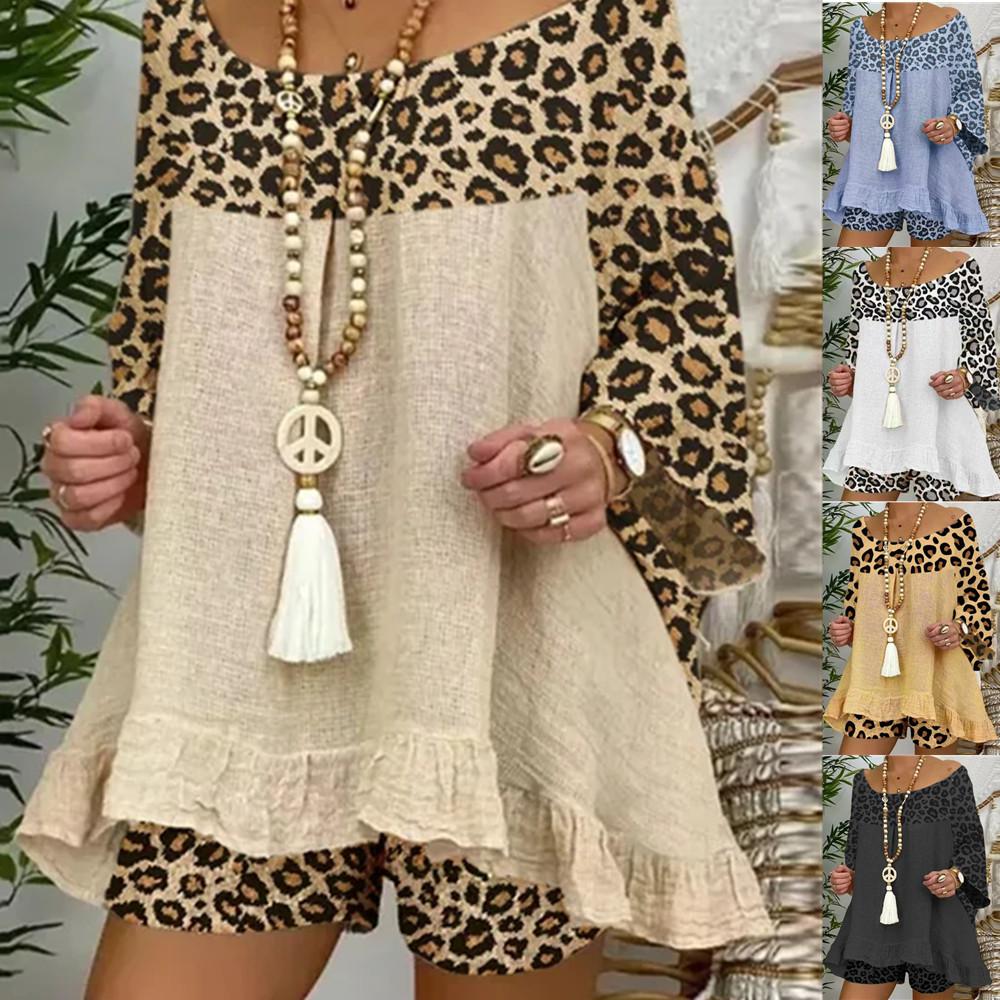 Plus Size Sumemr Leopard Linen Blouses&Shorts Suits-STYLEGOING