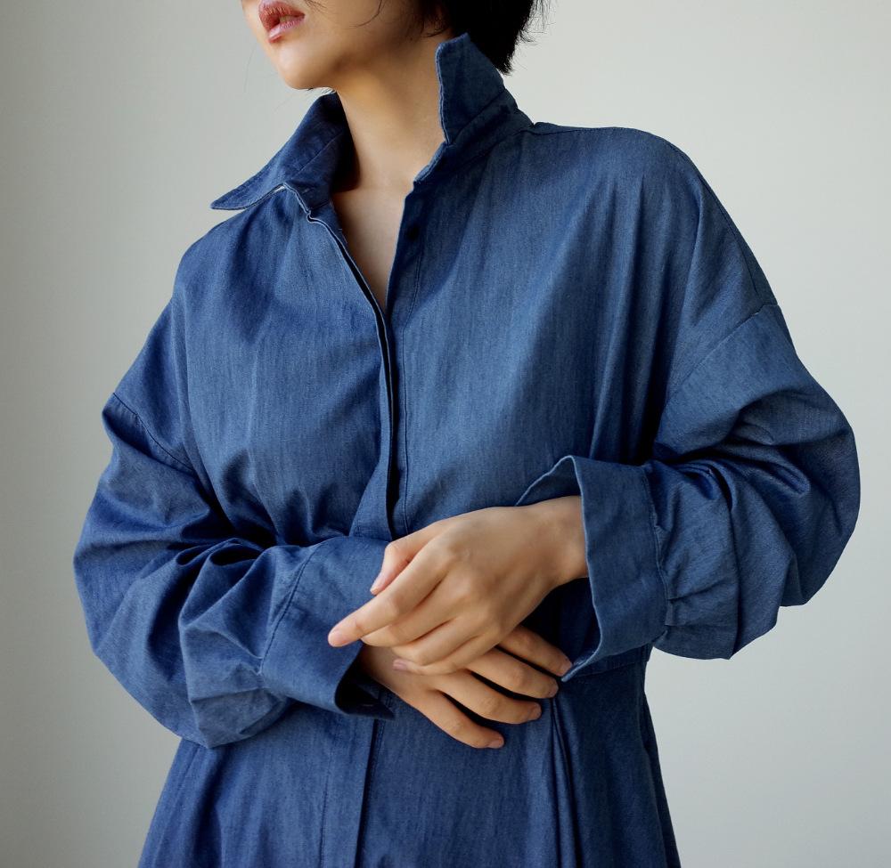 Blue Long Sleeve Loose Demin Shirts Maxi Dresses-STYLEGOING