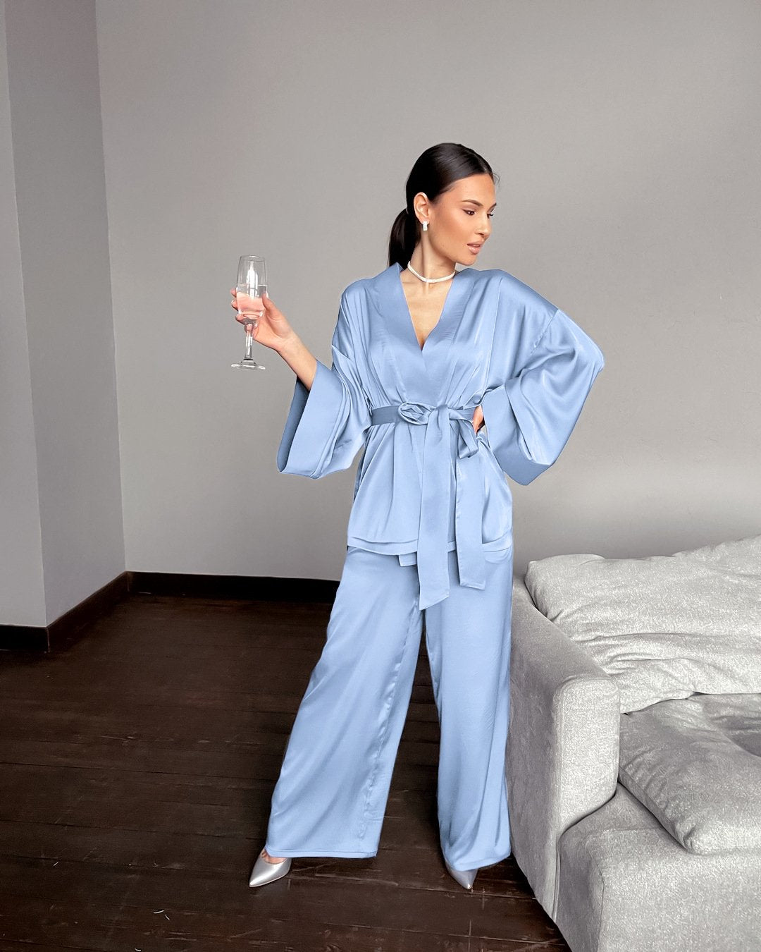 Women Satin Lace Up Fall Sleepwear Suits for Women