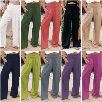Casual Elastic Waist Linen Wide Legs Pants