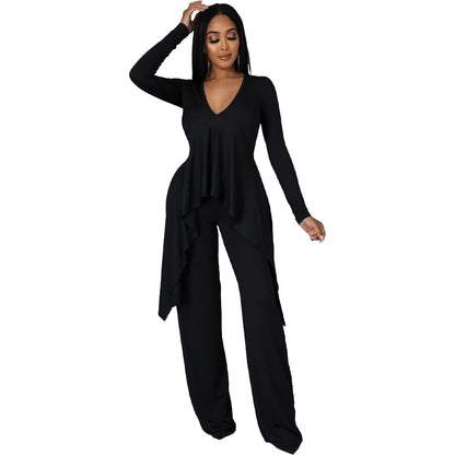 Sexy Long Sleeves Irregular Tops and Pants Set for Women