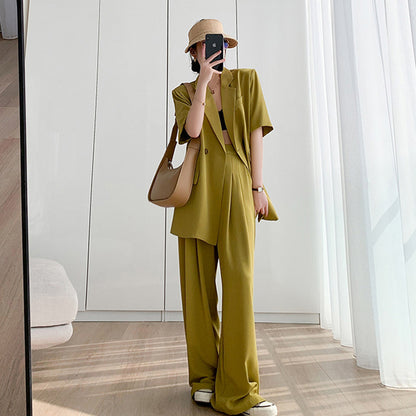 Elegant Short Sleeves Blazer and Wide Leg Pants Summer Outfits for Women