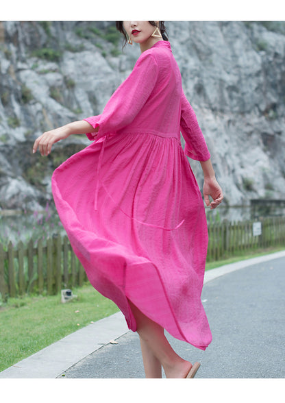 Casual Linen Half Sleeves Drawstring Long Cozy Dresses