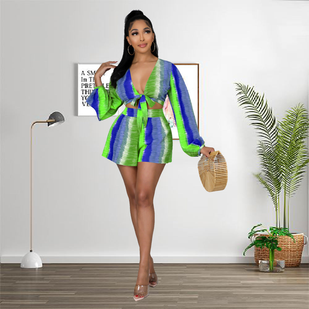 Casual Long Sleeves Two Pieces Short Suits