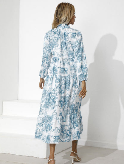 Women Round Neck Loose Fall Long Dresses-STYLEGOING