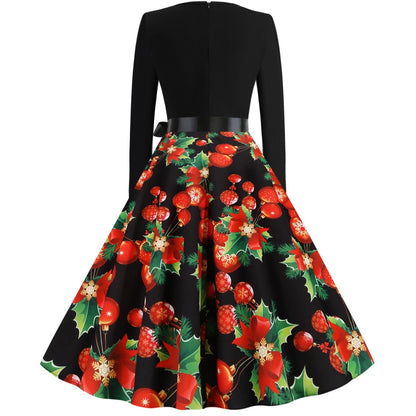 Vintage Christmas Plus Sizes Round Neck Long Sleeves Dresses-STYLEGOING