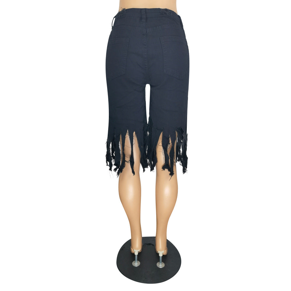 Casual Broken Holes Tassels Short Jeans
