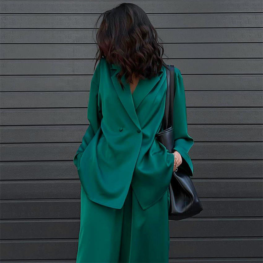 Casual Long Sleeves Blazers and Pants Green Fall Outsuits