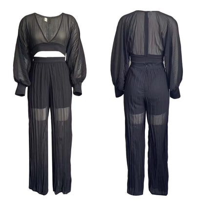 Sexy Women Two Pieces Long Sleeves Short Tops and Wide Legs Pants