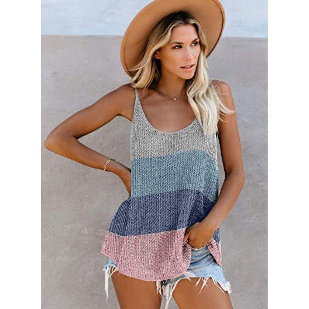 Women Summer Knitting Loose Striped Crop Tops-STYLEGOING
