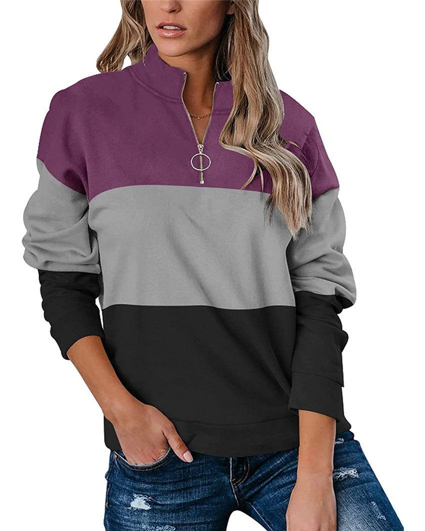 Women Casual Contrast 3 Colors Zipper Neck Fall Hoodies