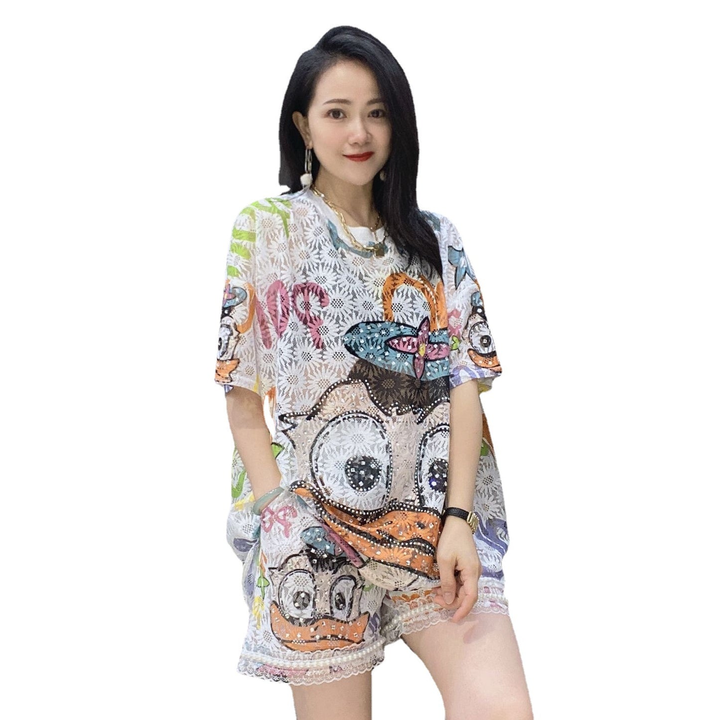 Summer Lovely Lace Casual Short Sleeves and Shorts Sets