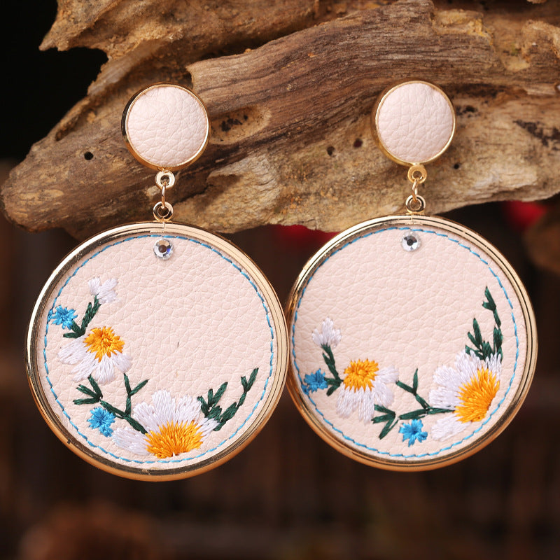 Vintage Pu Leather Embroidery Ethnic Earrings for Women