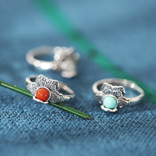 Retro Peony Designed Agate Sterling Silver Rings for Women