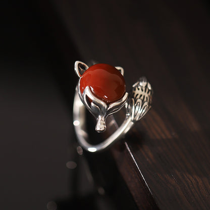Antique Red Agate Fox Design Sliver Rings for Women