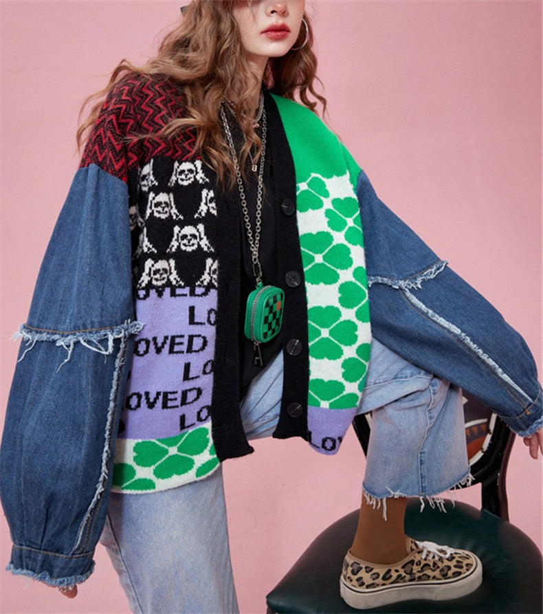 Contrast Colors Designed Women Knitting Sweater Cardigans