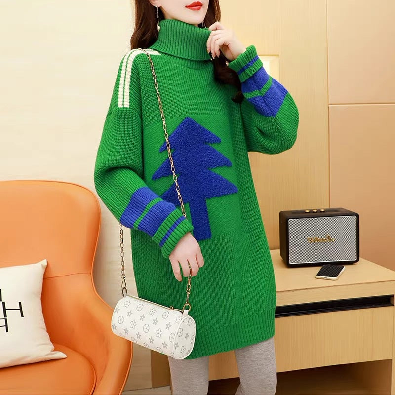 Merry Christmas Turtleneck Tree Design Women Knitting Sweaters