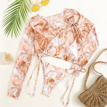 Sexy Long Sleeves Leopard Three Pieces Women Bikinis Swimwear