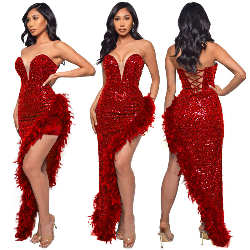 Gorgeous Strapless Sequined Feather Decoration Party Dresses