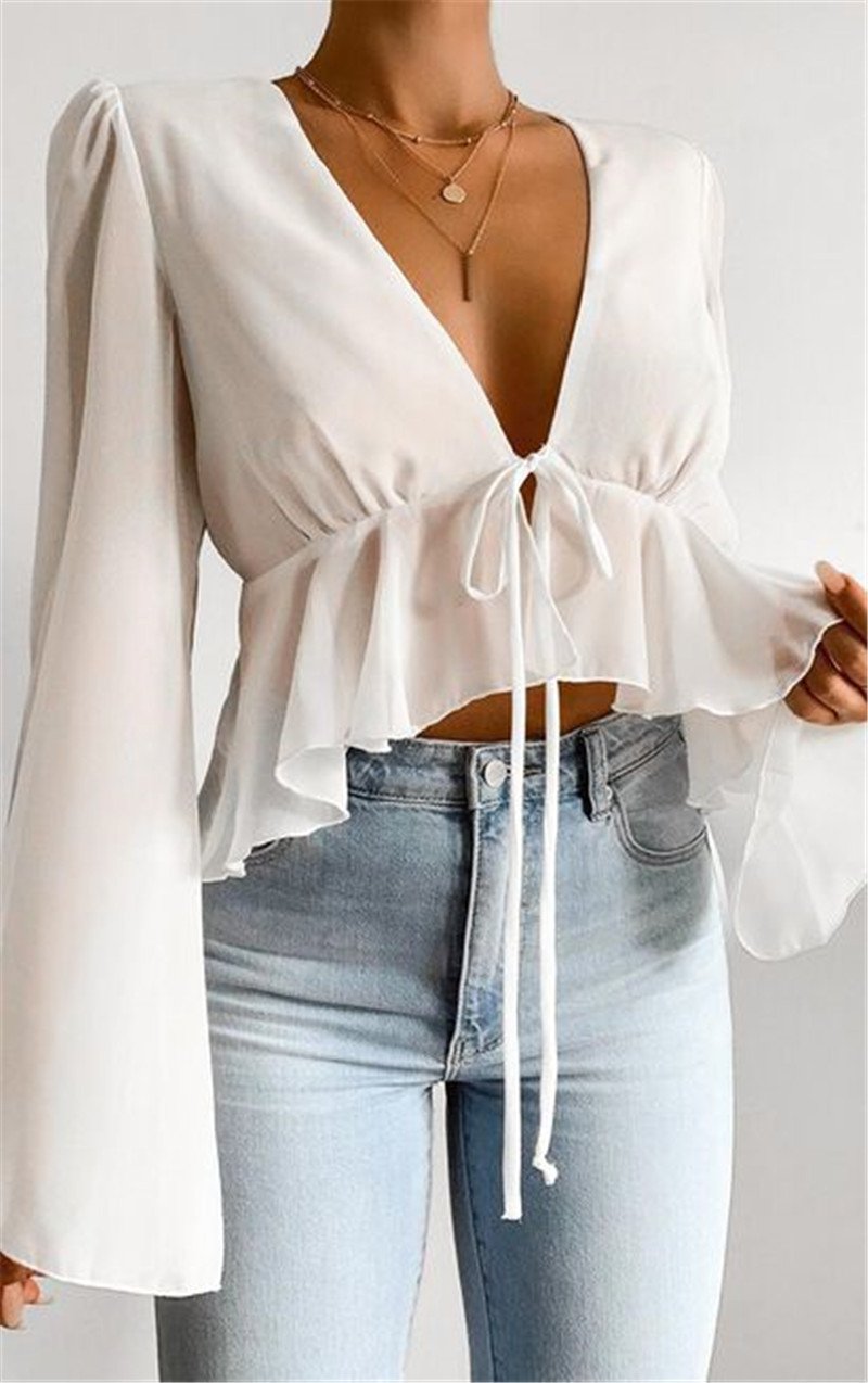 Sexy Women Summer Chiffon Deep V Neck Shirts-White-S-Free Shipping at meselling99