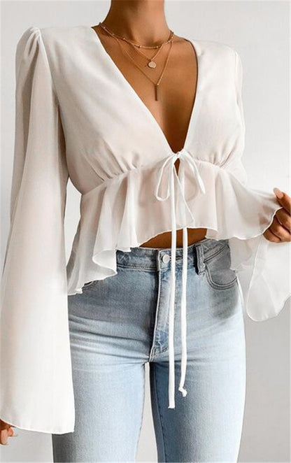Sexy Women Summer Chiffon Deep V Neck Shirts-White-S-Free Shipping at meselling99