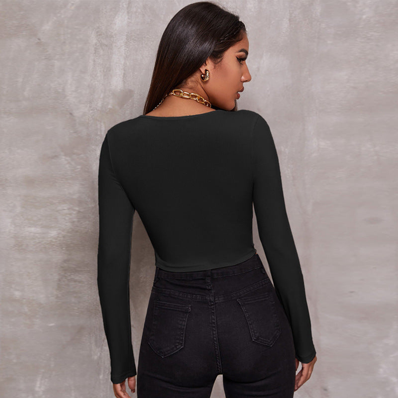 Sexy Zipper Knitted Long Sleeves T Shirts
