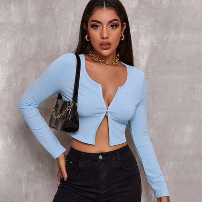 Sexy Zipper Knitted Long Sleeves T Shirts