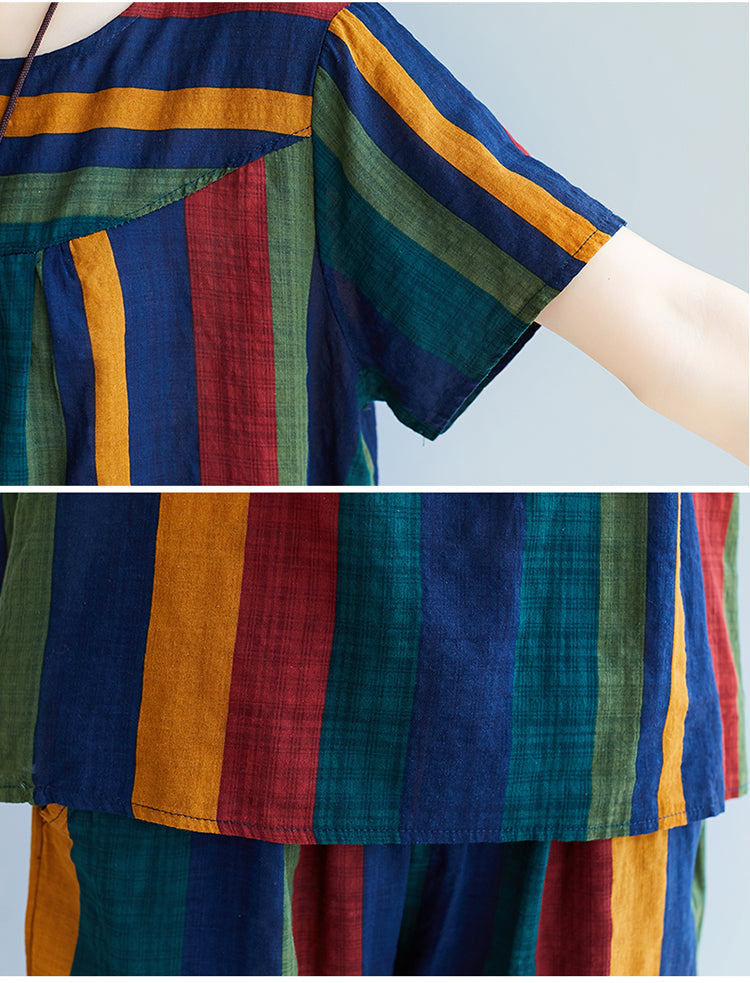 Summer Casual Striped Linen Top Blouses and Short Pants Sets