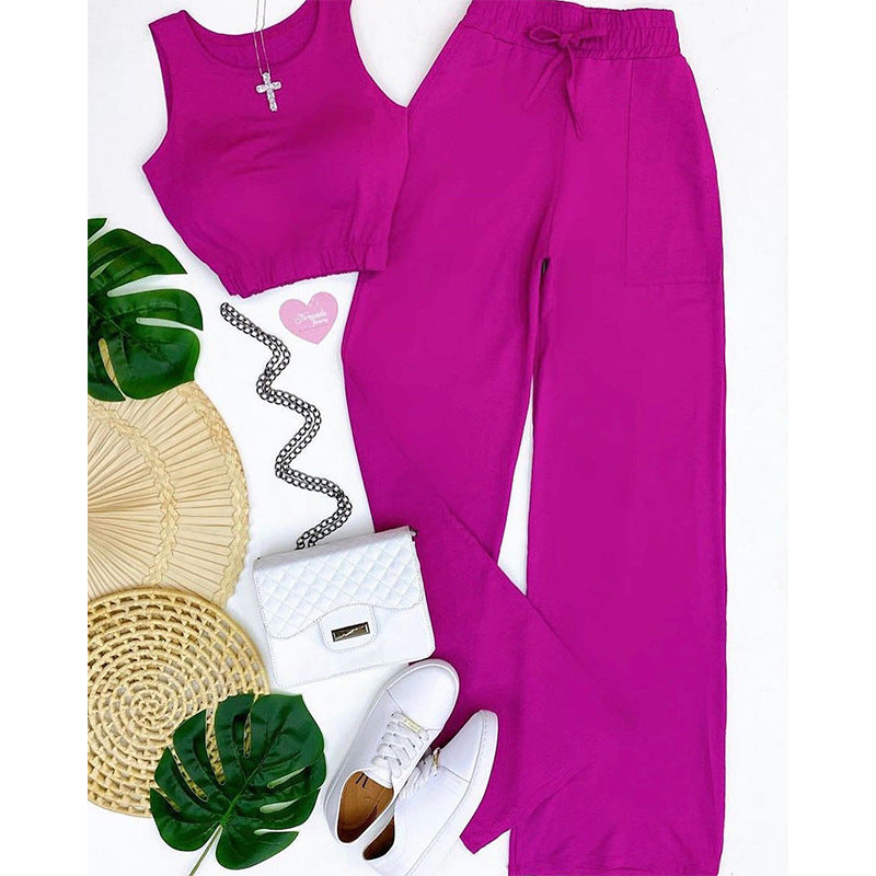 Casual Drawstring Short Tops and Wide Legs Pants
