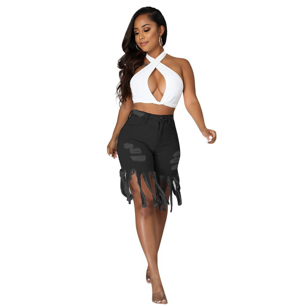 Casual Broken Holes Tassels Short Jeans