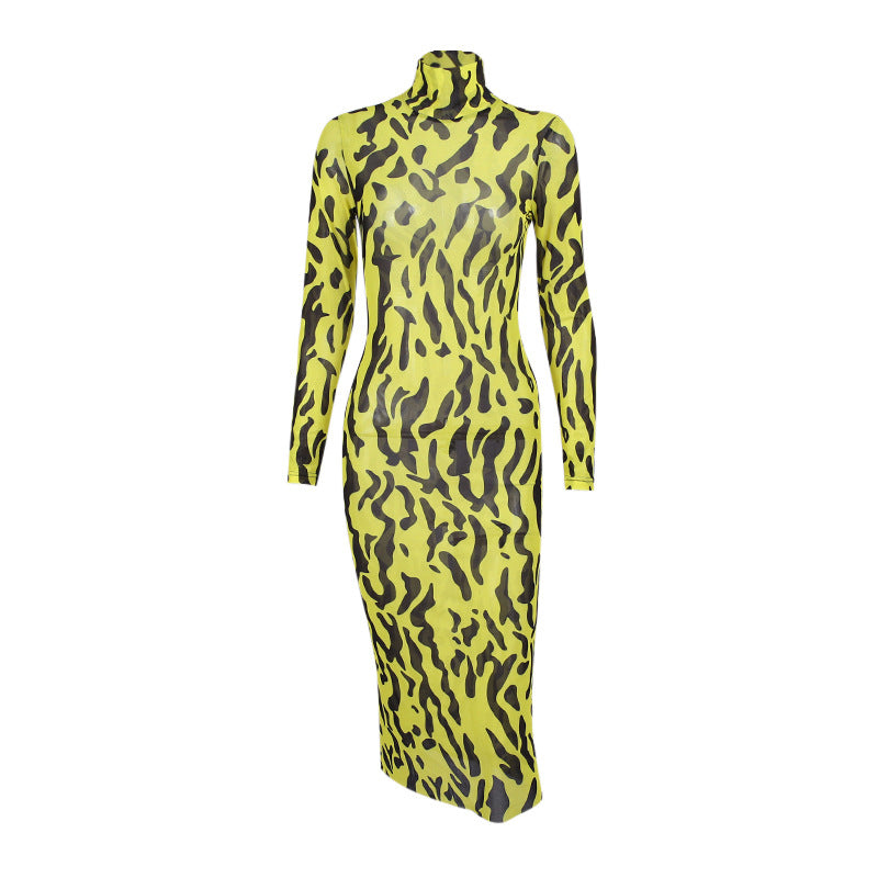 Sexy High Neck Yellow Leopard Long Sleeves Women Dresses
