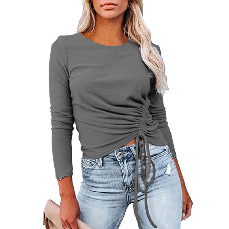 Women Drawstring Fall Long Sleeves T Shirts-STYLEGOING