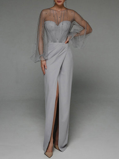 Elegant Strapless Pearl Design Long Dresses for Women