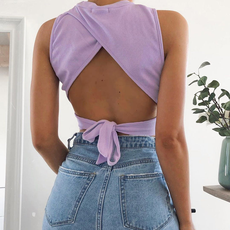Sexy Backless Bow Design Sleeves Crop Tops