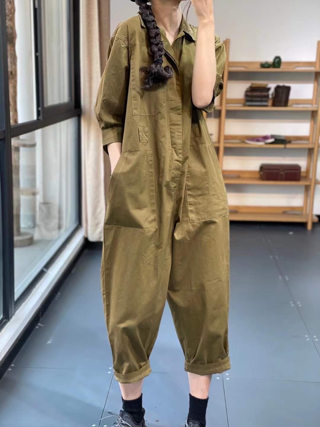 Women Turnover Collar Half Sleeves Jumpsuits-STYLEGOING